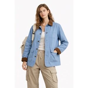 Willow Lane Blue Cotton Utility Barn Jacket Corduroy Collar Floral Lined M